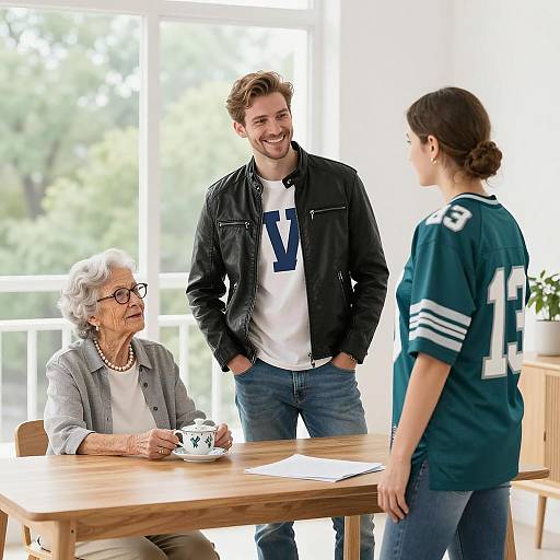 Bright Room Gathering with Three People
