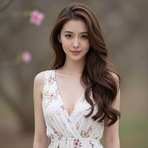 Photograph of an Asian woman with long, wavy brown hair, wearing a white floral dress with a deep V-neck, standing outdoors with a blurred