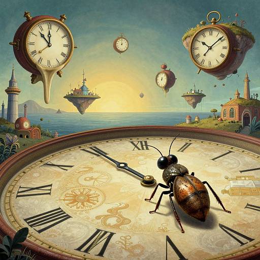 Fantastical illustration of a giant clock with a beetle on its face, floating clocks in the sky, and surreal islands at sunset.