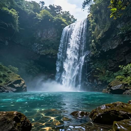 Photograph of a lush, tropical waterfall cascading into a clear, turquoise pool surrounded by moss-covered rocks and dense greenery.