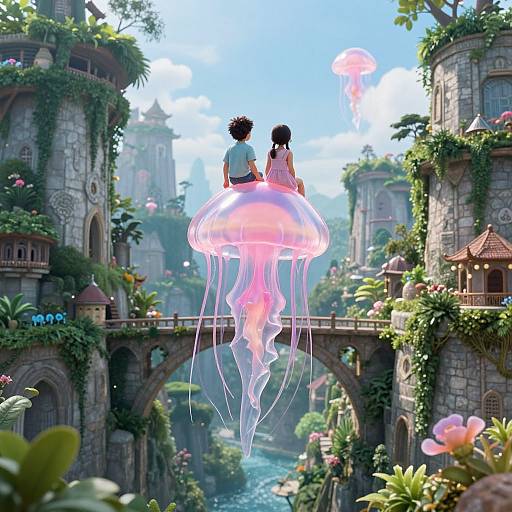 Digital fantasy artwork: Two people, back-to-back, sitting on a glowing pink jellyfish above a lush, medieval-style bridge in a vibrant, floral