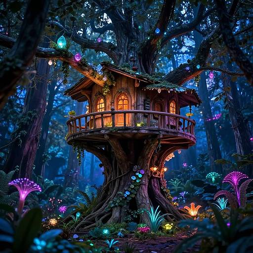 Enchanted forest scene with a glowing, wooden treehouse nestled in a towering tree, surrounded by vibrant, bioluminescent mushrooms and plants.
