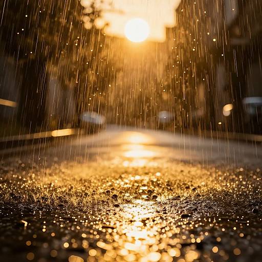 Photograph of a rainy street at sunset, golden sunlight reflecting off wet, textured asphalt with raindrops visible in the air.