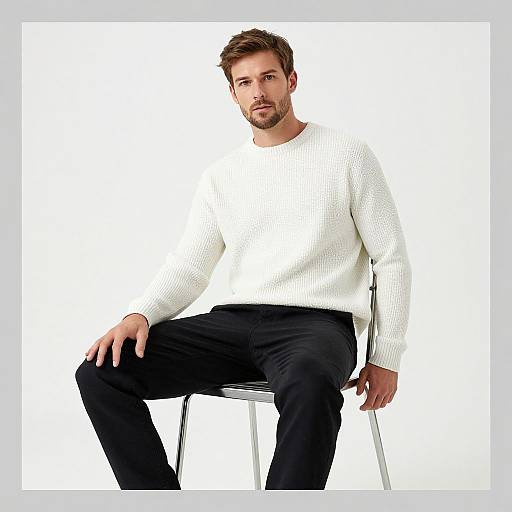 Photograph of a bearded, brown-haired man in a white knit sweater and black pants, sitting on a white stool against a plain white background.