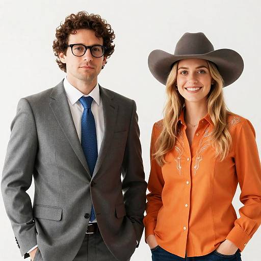 Portrait of Stylish Couple in Gray and Orange
