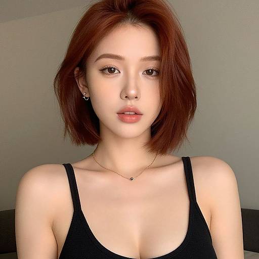 Photograph of a young Asian woman with fair skin, short auburn hair, and brown eyes, wearing a black tank top and gold necklace,