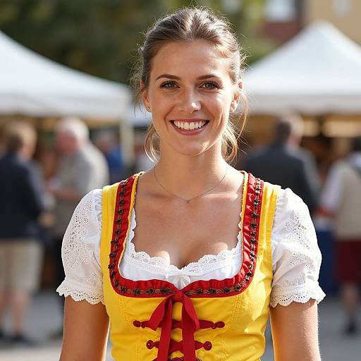 Photograph of a smiling young woman with light brown hair in a bun, wearing a yellow dirndl with white lace sleeves and red trim, standing outdoors