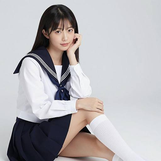Elegant Asian Woman in Sailor Outfit
