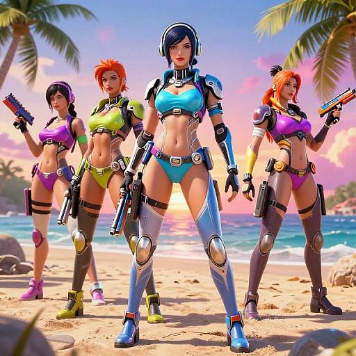 Digital art of four women in colorful, futuristic beachwear, holding guns, standing on a sandy beach with palm trees and a sunset.