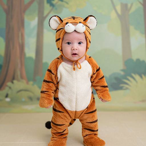 Photograph of a baby in an orange and black tiger onesie with white belly, tiger ears, and small nose, standing in a forest-themed background