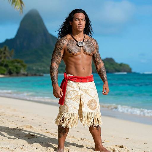 Photograph of a muscular, tattooed, dark-haired man with long hair, wearing a white fringed loincloth and red sash, standing