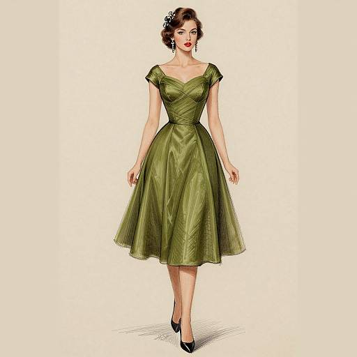 Vintage-style photograph of a fair-skinned woman with red lipstick, wearing an olive-green, short-sleeved, knee-length dress, and black heels