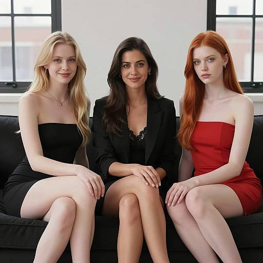Three Stylish Women on a Black Couch