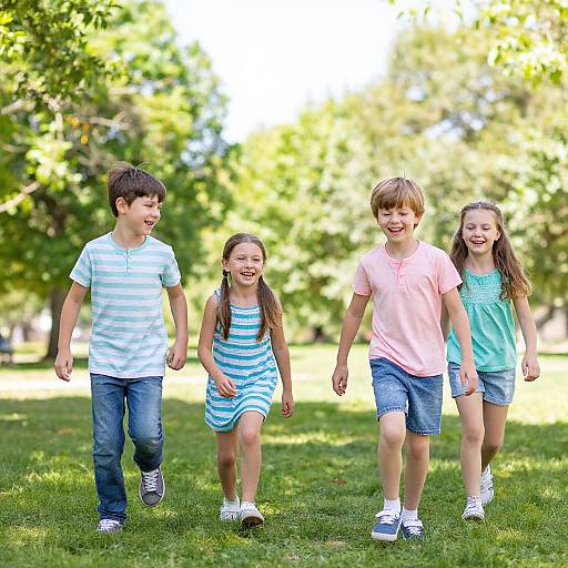 Photograph of four smiling children walking on a sunlit grassy field, surrounded by lush green trees, wearing casual summer clothes.