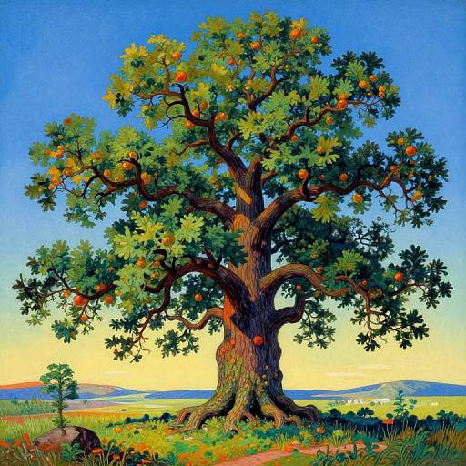 Vibrant digital painting of a large, lush orange tree with colorful oranges, set against a clear blue sky and green landscape.