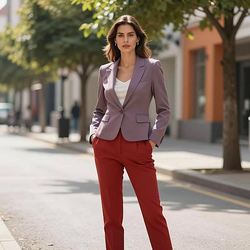 Confident Woman in Mauve Peplum Suit