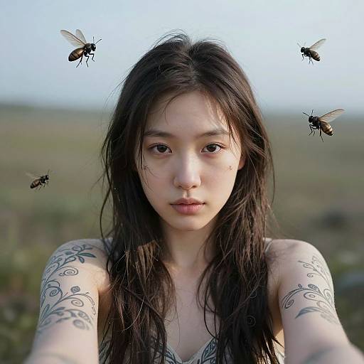 Photograph of a tattooed Asian woman with long, wet black hair, surrounded by flying bees, in a blurred natural outdoor setting.