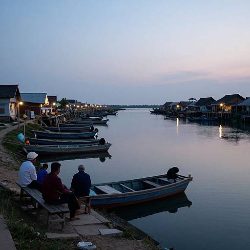 Photograph of a tranquil evening riverside scene with small wooden boats, people sitting on a dock, and lit buildings reflecting on calm water under a twilight