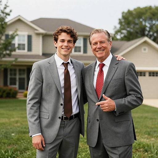 Two Men in Suits by Suburban Home