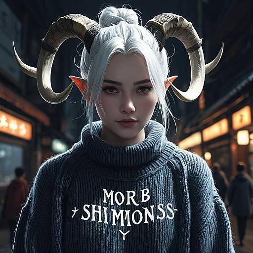 Pale Demoness with Horns and White Hair