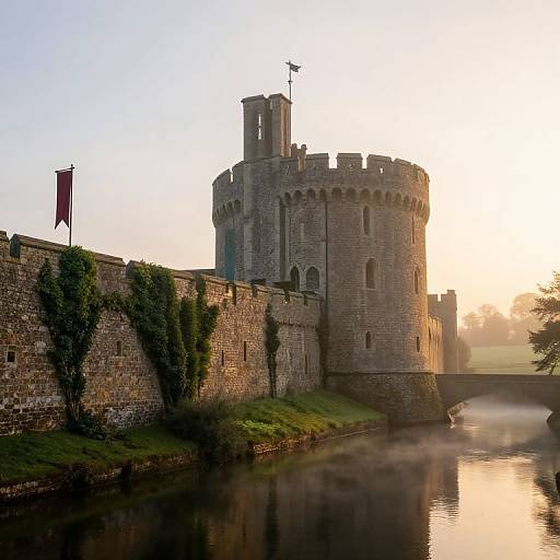 Photograph of a medieval stone castle with a round tower, ivy-covered walls, flag, and reflective moat at sunrise.