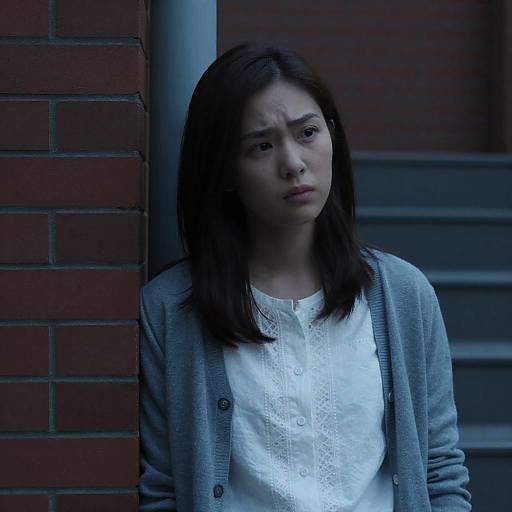 Young Woman Leaning on Brick Wall with Concerned Expression
