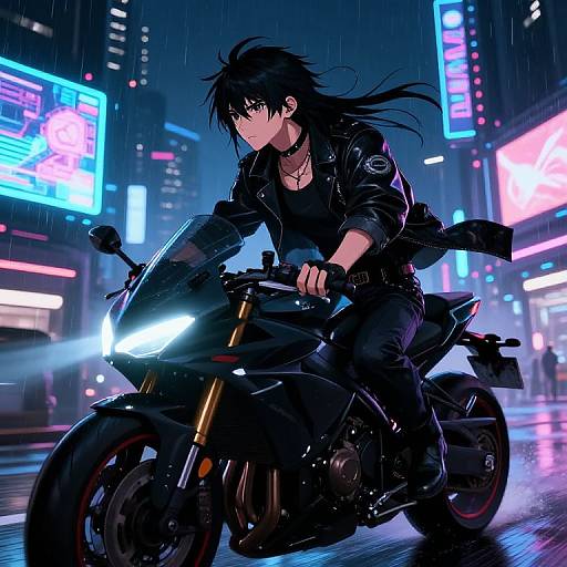 Digital anime-style drawing of a black-haired, black-clad rider on a sleek, black motorcycle speeding through a neon-lit, rainy city street at