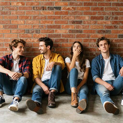 Candid Moment of Friends Against Brick Wall