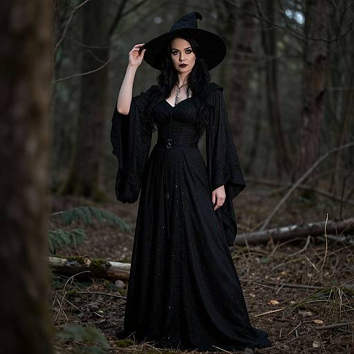 Photograph of a dark-haired woman in a black, long-sleeve, gothic dress and witch hat, standing in a dimly lit,