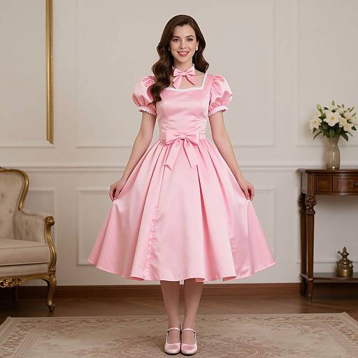 Photograph of a smiling woman with long brown hair, wearing a pink satin puffed-sleeve dress and matching shoes, standing in an elegant,