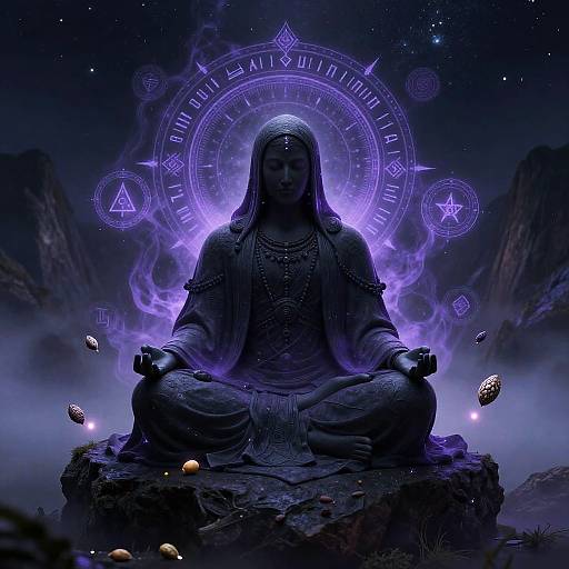 Digital artwork of a hooded, serene figure in lotus position, surrounded by glowing purple mystic symbols and floating orbs, set against a starry