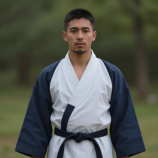 Photograph of a young, muscular Asian man with short black hair, wearing a white and black karate gi, standing outdoors in a blurred green forest