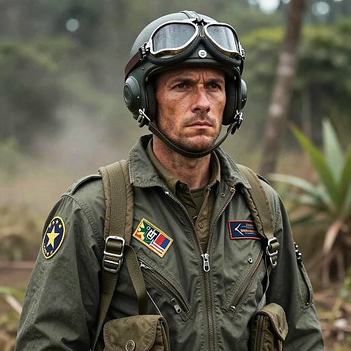 Photograph of a serious-looking male soldier in green military uniform with helmet, goggles, and patches, standing in a misty forest.