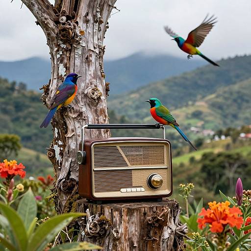 Photograph of vibrant parrots perched on a rustic, wooden radio mounted on a tree, with a lush, mountainous background and bright orange flowers