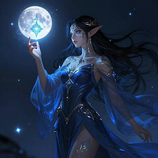 Digital art of an ethereal, blue-lit elf woman with long black hair, pointed ears, and a shimmering blue dress, holding a glowing
