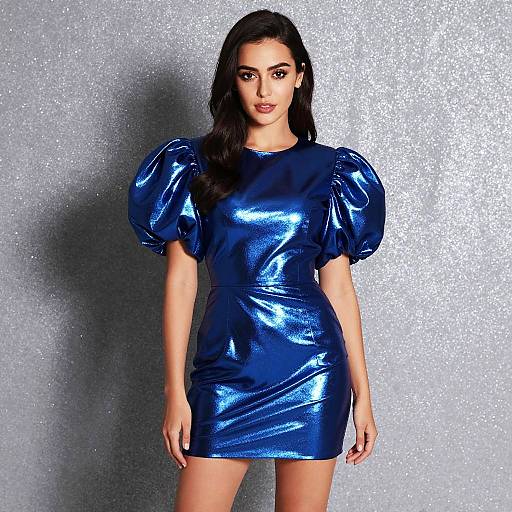 Stylish Woman in Metallic Blue Mini Dress