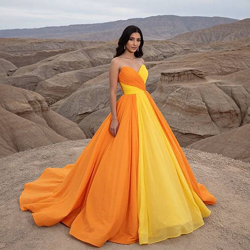 Photograph of a woman with long black hair in a strapless, vibrant orange ball gown, standing on rocky desert terrain with mountains in the background.