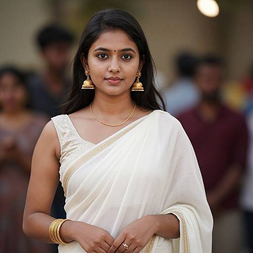 Photograph of a young Indian woman in a white sari with gold trim, wearing gold earrings and bracelets, standing confidently in a blurred outdoor setting.