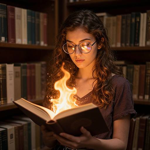Photograph of a young woman with curly brown hair, wearing glasses and a black top, reading a book with a flame emerging from it, in a