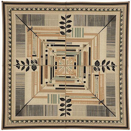 Geometric abstract artwork featuring a central star pattern surrounded by black leaf motifs and striped patterns within a detailed frame.