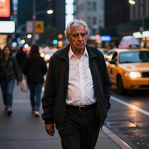 Photograph of an elderly white man with white hair, wearing a black jacket and white shirt, walking on a busy, illuminated city street with blurred yellow