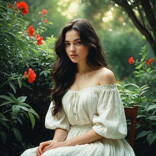 Young Woman in White Dress Among Garden Flowers
