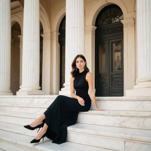 Elegant woman in black dress sitting on marble steps