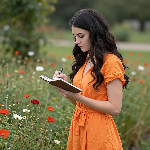 Photograph of a young woman with long black hair, wearing an orange dress, standing in a garden, writing in a notebook among red and white flowers