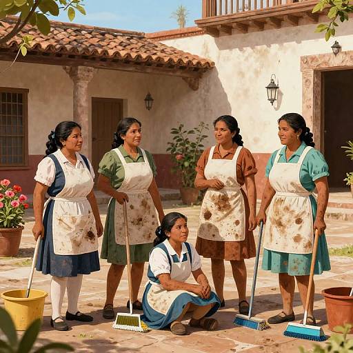 Photograph of five smiling Indian women in green and blue dresses with white aprons, standing and sitting on a sunlit, tiled courtyard, cleaning tools