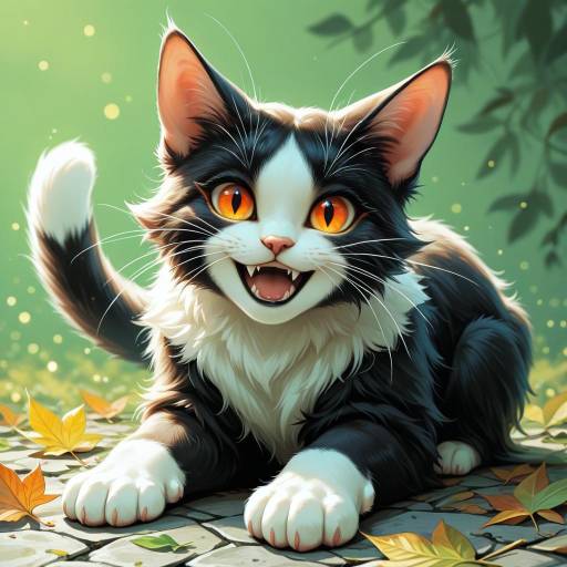 Fluffy Black and White Cat in Nature