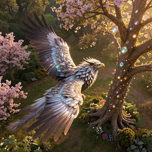 Digital artwork of a majestic, winged mythical creature with blue and white feathers, soaring near a glowing, enchanted tree surrounded by pink cherry blossoms.