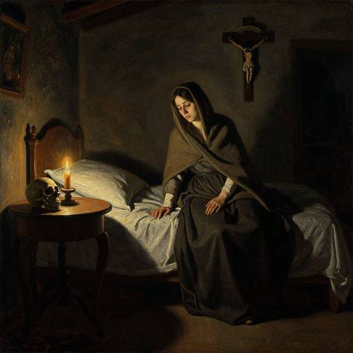 Photograph-style painting of a pensive woman in a dark cloak, sitting on a bed, illuminated by a single candle, in a dimly lit