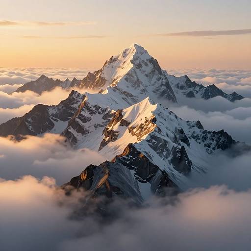 Photograph of a majestic snow-capped mountain peak bathed in golden sunlight, surrounded by fluffy clouds and rugged dark peaks at sunrise.