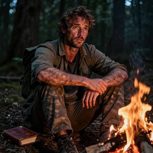 Photograph of a rugged, bearded man with tousled hair, sitting by a campfire in a dark forest, wearing a green jacket and camouflage